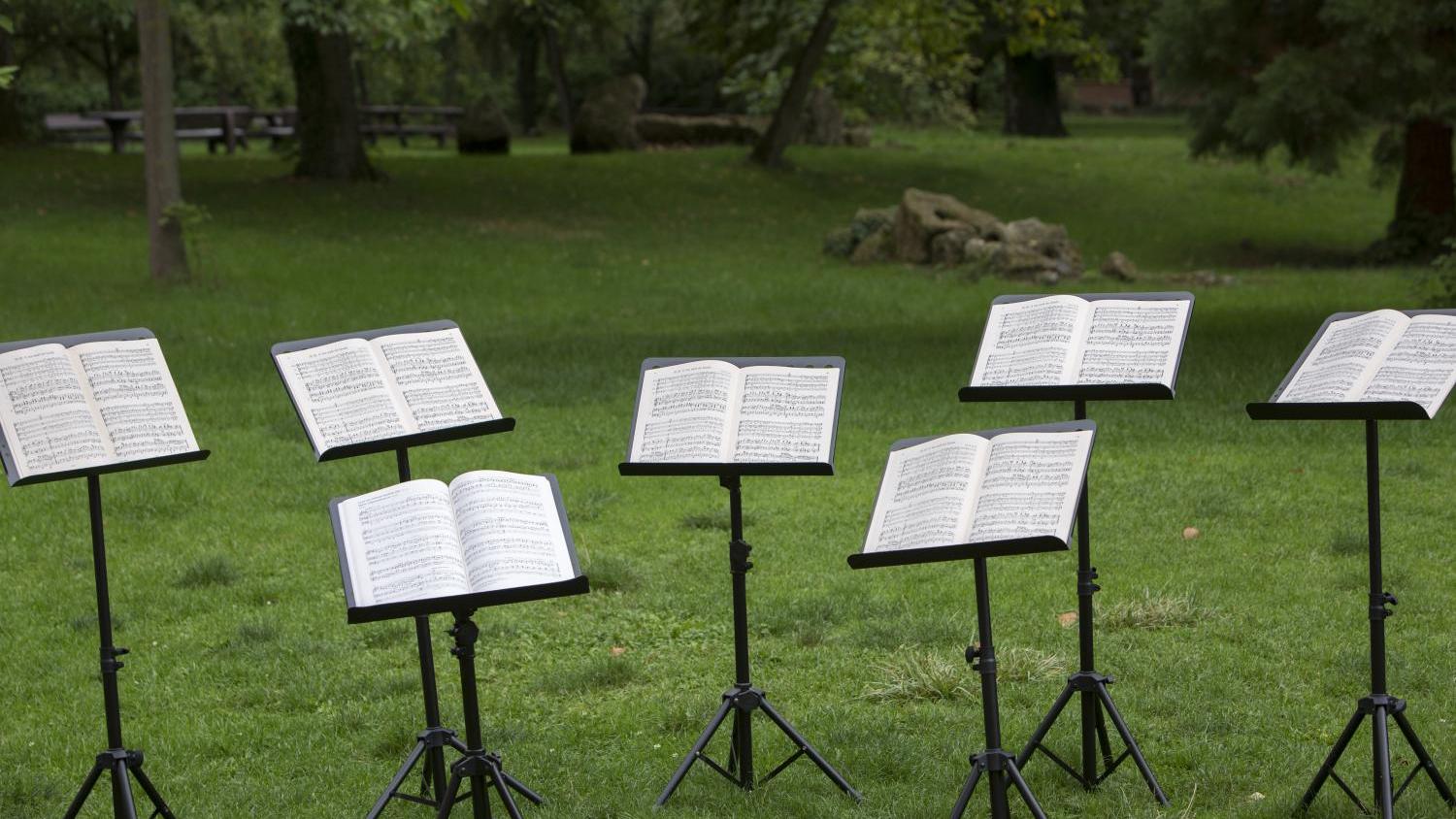 Mehrere Notenständer stehen im Park auf einer Wiese