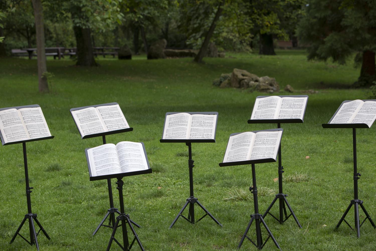 Mehrere Notenständer stehen im Park auf einer Wiese